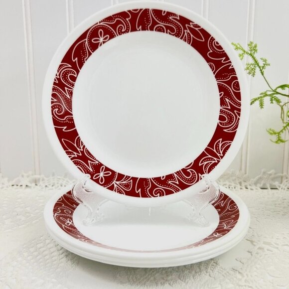 Corelle Vitrelle Red BANDHANI Set of 4 Dessert Bread Butter Plates - Picture 1 of 11